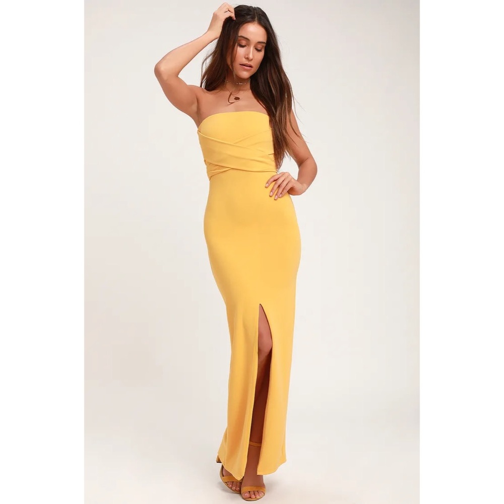 Lulus Own the Night Golden Yellow Strapless Maxi Dress Medium